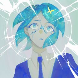 Rule 34 | 1other, androgynous, aqua eyes, aqua hair, commentary, cracked skin, crystal hair, english commentary, gem uniform (houseki no kuni), grey background, highres, houseki no kuni, kgynh, looking up, necktie, other focus, phosphophyllite, short hair, solo, upper body, worried