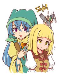 Rule 34 | 2girls, :d, alternate hairstyle, apron, between fingers, blonde hair, blue hair, blunt bangs, blush, commentary, dress, english commentary, english text, eyelashes, green apron, hair between eyes, hair clipper, hair down, haniwa (statue), haniyasushin keiki, head scarf, holding, holding razor, jewelry, joutouguu mayumi, juliet sleeves, long hair, long sleeves, looking at viewer, magatama, magatama necklace, multiple girls, necklace, open mouth, puffy short sleeves, puffy sleeves, purple eyes, razor, shirt, short sleeves, simple background, smile, straight razor, touhou, upper body, white background, white shirt, wool (miwol), yellow dress, yellow eyes