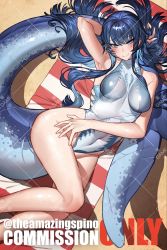 Rule 34 | 1girl, bad id, bad twitter id, blue eyes, blue hair, blue one-piece swimsuit, blush, breasts, collarbone, commission, covered navel, fins, fish tail, highres, kamitoge supino, long hair, looking at viewer, lying, medium breasts, one-piece swimsuit, original, ponytail, shark tail, solo, swimsuit, tail, twitter username, very long hair, watermark