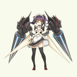 Rule 34 | 1girl, black thighhighs, crossed arms, detached collar, dual wielding, flat chest, full body, highres, holding, long hair, maid, maid headdress, mary janes, mecha musume, mechanical wings, original, pas (paxiti), purple hair, red footwear, shoes, solo, sword, thighhighs, twintails, weapon, wings, wrist cuffs, yellow eyes, zettai ryouiki