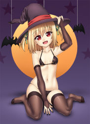 Rule 34 | 1girl, bare shoulders, bat (animal), belly, bikini, black bikini, blonde hair, breasts, fingerless gloves, gloves, hair ornament, halloween, hat, highres, kneeling, moon, no shoes, open mouth, original, red eyes, ribbon, short hair, small breasts, solo, swimsuit, thighhighs, witch, witch hat, zeshgolden