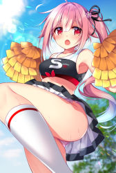 Rule 34 | 1girl, alternate costume, armpits, bare shoulders, blue hair, blurry, blurry background, blush, breasts, cheerleader, cloud, cloudy sky, commentary request, crop top, day, flower, gradient hair, hair between eyes, hair flower, hair ornament, hair ribbon, harusame (kancolle), highres, kantai collection, leg up, light rays, long hair, looking at viewer, medium breasts, multicolored hair, open mouth, panties, pink hair, pink panties, pleated skirt, pom pom (cheerleading), red eyes, ribbon, ringo sui, side ponytail, sidelocks, skirt, sky, sleeveless, socks, solo, sparkle, sunbeam, sunlight, sweat, underwear, white socks