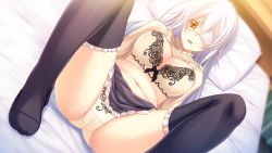 Rule 34 | 1girl, bed, blush, bra, breasts, cameltoe, cleavage, clothes lift, eyepatch, game cg, innocent bullet, large breasts, legs, long hair, looking at viewer, lying, miyasu sanae, navel, oosaki shin&#039;ya, open mouth, panties, pillow, skirt, skirt lift, solo, spread legs, sweater, sweater lift, thighs, underwear, upskirt, white hair, yellow eyes
