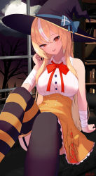 Rule 34 | 1girl, absurdres, alternate costume, arm support, asymmetrical legwear, bandages, bizusuhatu123, black thighhighs, blonde hair, blue ribbon, bookshelf, breasts, cloud, cloudy sky, collared shirt, commentary request, crossed bangs, dark-skinned female, dark skin, eyelashes, feet out of frame, foreshortening, frilled skirt, frills, full moon, garter straps, hand up, hat, head tilt, highres, hololive, indoors, large breasts, leaning back, legs, looking at viewer, mismatched legwear, moon, multicolored hair, neck ribbon, night, night sky, orange eyes, orange skirt, orange thighhighs, red ribbon, ribbon, shiranui flare, shirt, sidelocks, signature, sitting, skirt, sky, sleeveless, sleeveless shirt, solo, streaked hair, striped clothes, striped thighhighs, teeth, thighhighs, tilted headwear, tree, upper teeth only, virtual youtuber, white hair, white shirt, window, witch hat