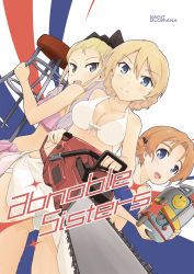 Rule 34 | 3girls, assam (girls und panzer), bikini, black ribbon, blonde hair, blue bikini, blue eyes, bow, bow bikini, braid, breasts, chainsaw, cleavage, closed mouth, commentary request, darjeeling (girls und panzer), dutch angle, english text, engrish text, girls und panzer, gluteal fold, hair pulled back, hair ribbon, highres, holding, holding weapon, long hair, looking at viewer, medium breasts, multiple girls, open mouth, orange hair, orange pekoe (girls und panzer), parted bangs, propane tank, purple bikini, purple sarong, ranguage, ribbon, sarong, short hair, shuiro (frog-16), smile, sparkle, standing, stool, swimsuit, twin braids, weapon, white bikini, white sarong