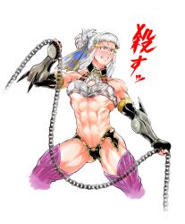 Rule 34 | 1girl, abs, angry, bad anatomy, bandeau, biceps, blunt bangs, blush, breasts, chain, clenched teeth, fate/grand order, fate (series), hammer (gekidan sharing sky), holding, holding weapon, midriff, muscular, muscular female, navel, penthesilea (fate), ponytail, purple thighhighs, sidelocks, silver hair, simple background, spread legs, stomach, tagme, teeth, thighhighs, toned, v-shaped eyebrows, weapon, white background, wide-eyed, yellow eyes