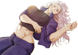 Rule 34 | 1girl, absurdres, breasts, dorohedoro, earrings, gloves, highres, jacket, jewelry, large breasts, long hair, looking at viewer, muscular, muscular female, navel, noi (dorohedoro), red eyes, sanso 74, simple background, smile, solo, tank top, track suit, white hair