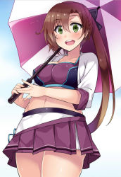 Rule 34 | 10s, 1girl, :d, adapted costume, akigumo (kancolle), black bow, blush, bow, breasts, brown hair, collarbone, cowboy shot, crop top, cropped jacket, day, eyebrows, fingernails, from below, green eyes, hair between eyes, hair bow, holding, holding umbrella, kantai collection, kusano (torisukerabasu), long fingernails, long hair, looking at viewer, looking down, medium breasts, midriff, miniskirt, mole, mole under eye, navel, open mouth, overskirt, pleated skirt, ponytail, race queen, round teeth, shade, shiny skin, skirt, sky, sleeves past elbows, smile, solo, stomach, teeth, umbrella, very long hair