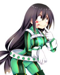Rule 34 | 10s, 1girl, :&gt;, :p, asui tsuyu, belt, black eyes, black hair, blush, blush stickers, bodysuit, boku no hero academia, boots, breasts, chikuwa savy, closed mouth, cowboy shot, eyelashes, finger to mouth, gloves, goggles, goggles on head, hair between eyes, hair rings, holding, long hair, looking away, looking up, low-tied long hair, medium breasts, shiny clothes, simple background, solo, thigh boots, thighhighs, tongue, tongue out, turtleneck, very long hair, white background
