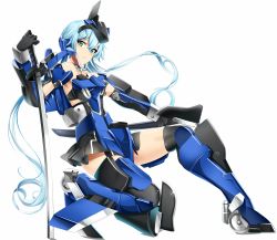 Rule 34 | 1girl, bare shoulders, black gloves, black skirt, black socks, blue eyes, blue hair, blush, closed mouth, commentary request, doko tetora, elbow gloves, frame arms girl, full body, gloves, hair between eyes, headgear, highres, holding, holding sheath, holding sword, holding weapon, katana, kneehighs, long hair, looking at viewer, looking to the side, mecha, mecha musume, on one knee, reverse grip, robot, sheath, shiny skin, simple background, skirt, socks, solo, stylet, sword, thighhighs, twintails, very long hair, weapon, white background