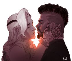 Rule 34 | 2boys, absurdres, baptiste (overwatch), beard, black hair, closed eyes, commentary, earrings, english commentary, facial hair, hand on another&#039;s back, hand on another&#039;s face, highres, imminent kiss, jewelry, lifeweaver (overwatch), long hair, multiple boys, overwatch, overwatch 1, overwatch 2, rodrigodraws, short hair, signature, simple background, upper body, white background, white hair, yaoi