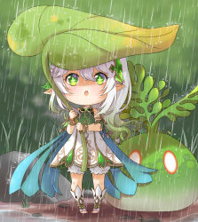 Rule 34 | 1girl, absurdres, bloomers, bracelet, candy rimo, cape, chibi, commentary, detached sleeves, dress, english commentary, full body, genshin impact, gradient hair, green eyes, hair between eyes, hair ornament, highres, holding, holding leaf, jewelry, leaf, leaf umbrella, long hair, looking up, multicolored hair, nahida (genshin impact), parody, parted lips, pointy ears, rain, short sleeves, side ponytail, sidelocks, slime (genshin impact), standing, symbol-shaped pupils, tonari no totoro, underwear, white dress, white hair