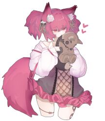 Rule 34 | 1girl, animal ear fluff, animal ears, arknights, bare shoulders, black dress, commentary, cropped legs, dress, eyes visible through hair, hair between eyes, hair ornament, half-closed eyes, heart, heart-shaped pupils, holding, light blush, long sleeves, pink eyes, pink hair, pink tail, puffy long sleeves, puffy sleeves, shamare (arknights), short dress, short hair, simple background, solo, standing, stuffed animal, stuffed horse, stuffed toy, symbol-shaped pupils, taiiiyakiii, tail, white background, white sleeves