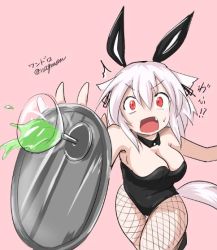 Rule 34 | 1girl, ^^^, animal ears, breasts, cleavage, cocktail glass, cup, detached collar, drink, drinking glass, fake animal ears, fang, fishnet pantyhose, fishnets, foreshortening, inubashiri momiji, large breasts, leotard, looking at viewer, medium hair, open mouth, pantyhose, pink background, playboy bunny, rabbit ears, red eyes, sideboob, silver hair, simple background, spilling, sweatdrop, tail, taurine 8000mg, touhou, translation request, tray, twitter username, wolf ears, wolf tail