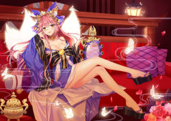 Rule 34 | 10s, 1girl, animal ears, bare legs, bare shoulders, bell, bow, breasts, bug, butterfly, cleavage, clogs, collarbone, detached sleeves, fang, fate/extra, fate/grand order, fate (series), flower, fox ears, fox tail, guaizi, hair bow, hair ribbon, highres, indoors, insect, japanese clothes, jingle bell, large breasts, long hair, long legs, mirror, multiple tails, official alternate costume, open mouth, petals, pink hair, red flower, red rose, ribbon, rose, rose petals, sitting, solo, suiten nikkou amaterasu yanoshisu ishi, tail, tamamo (fate), tamamo no mae (fate/extra), tamamo no mae (third ascension) (fate), very long hair, yellow eyes