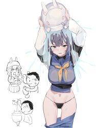 Rule 34 | 1boy, 1girl, absurdres, doodle sensei (blue archive), atorosu, blue archive, bottomless, breasts, green eyes, helmet, highres, large breasts, navel, purple hair, saki (blue archive), sensei (blue archive), short hair, thong, wet, wet clothes, white background