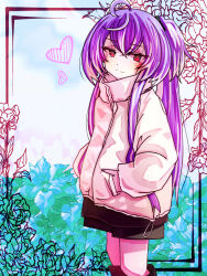 Rule 34 | 1girl, ahoge, alternate costume, black shorts, blue flower, blush, closed mouth, commentary, cowlick, crossed bangs, feet out of frame, flower, hair between eyes, hands in pockets, heart, high ponytail, highres, hiyoku no crosspiece, jacket, long hair, looking at viewer, medium bangs, multicolored hair, nanashi inc., qwq oekaki, red eyes, shisui kiki, shorts, sidelocks, smile, solo, standing, streaked hair, very long hair, virtual youtuber, white jacket