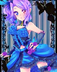 Rule 34 | 1girl, armpits, bad id, bad pixiv id, black flower, black rose, blue background, blue eyes, blue nails, blue skirt, blush, bridal gauntlets, bug, butterfly, cowboy shot, detached collar, earrings, feather earrings, feathers, flower, frills, heterochromia, insect, jewelry, mitsuyaama, nail polish, name connection, object namesake, otoca d&#039;or, purple flower, purple hair, purple rose, red eyes, rose, rose (otoca d&#039;or), short hair, side ponytail, skirt, solo, sparkle, striped, striped background, thighhighs