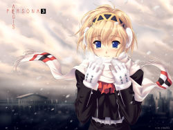 Rule 34 | 1girl, aegis (persona), akino takehiko, android, atlus, blonde hair, blue eyes, breath, coat, cold, gloves, hairband, outdoors, persona, persona 3, scarf, sky, snow, snowing, solo, wallpaper