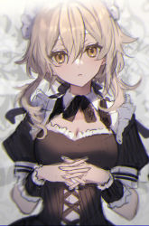 Rule 34 | 1girl, blonde hair, blush, breasts, commentary request, doushite, female focus, fingernails, genshin impact, hair between eyes, hair ornament, highres, interlocked fingers, large breasts, long hair, looking at viewer, lumine (genshin impact), maid, maid headdress, open mouth, own hands together, short hair, simple background, smile, solo, upper body, white background