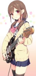 Rule 34 | 1girl, aida takanobu, black thighhighs, bow, breasts, brown hair, cowboy shot, electric guitar, fender (company), fender jazzmaster, from side, guitar, hair bow, instrument, long hair, long sleeves, looking at viewer, looking to the side, original, pleated skirt, red eyes, school uniform, skirt, small breasts, smile, solo, thighhighs, twintails, zettai ryouiki