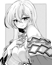 Rule 34 | 1girl, bare shoulders, blush, circlet, dress, fire emblem, fire emblem: genealogy of the holy war, hand on own chest, julia (fire emblem), long hair, looking at viewer, monochrome, nintendo, simple background, smile, solo, yukia (firstaid0)