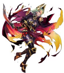 Rule 34 | cape, dark-skinned female, dark skin, earrings, fire emblem, fire emblem heroes, full body, gradient hair, hair between eyes, hair over one eye, highres, holding, holding sword, holding weapon, injury, jewelry, laegjarn (fire emblem), long hair, multicolored hair, nintendo, official art, pantyhose, ryona, solo, sword, torn cape, torn clothes, transparent background, weapon
