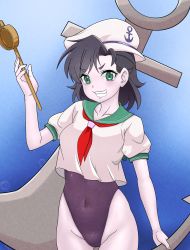 Rule 34 | 1girl, absurdres, anchor, anchor symbol, big mouse, black hair, black leotard, breasts, covered navel, fang, green eyes, hat, highres, leotard, leotard under clothes, medium breasts, murasa minamitsu, neckerchief, no pants, pale skin, red neckerchief, sailor, sailor collar, sailor hat, sailor shirt, shirt, short hair, smile, solo, touhou, v-shaped eyebrows, white shirt