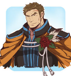 Rule 34 | 1boy, bara, brown hair, cape, cropped torso, feathers, fire emblem, fire emblem: path of radiance, fire emblem heroes, flower, greil, highres, kagemaru (kagemaru321), large pectorals, long sideburns, looking at viewer, male focus, muscular, muscular male, nintendo, orange cape, pectorals, scar, scar on face, scar on forehead, short hair, sideburns, smile, solo