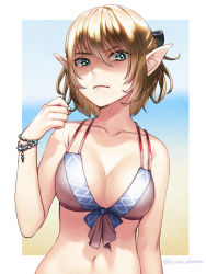 Rule 34 | 1girl, adapted costume, angry, artist name, beach, bikini, blonde hair, bracelet, breasts, brown hair, check commentary, cleavage, commentary, commentary request, day, frown, green eyes, hair ribbon, hand in own hair, highres, jewelry, looking at viewer, medium breasts, mizuhashi parsee, pointy ears, ribbon, short hair, shousuke (sketch shot), signature, sneer, solo, swimsuit, touhou, upper body