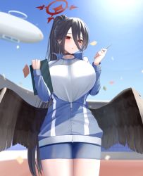 Rule 34 | 1girl, :o, absurdres, aircraft, black hair, blue archive, blue jacket, blush, breasts, choker, cowboy shot, dirigible, hair between eyes, halo, hasumi (blue archive), hasumi (track) (blue archive), highres, holding, jacket, large breasts, long hair, long sleeves, looking at viewer, low wings, mashiro03, outdoors, parted lips, partially unzipped, ponytail, red eyes, shirt, solo, thighs, white shirt, wings