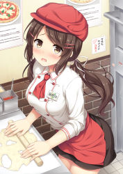Rule 34 | 1girl, apron, blush, breasts, brown eyes, brown hair, cabbie hat, cheese, dough, employee uniform, fast food uniform, food, hair ornament, hair ribbon, hairclip, hairpin, hat, highres, large breasts, looking at viewer, low twintails, nakamura sumikage, name tag, open mouth, original, pizza, ribbon, shoshinsha mark, skirt, solo, tears, twintails, uniform, waist apron, wavy mouth