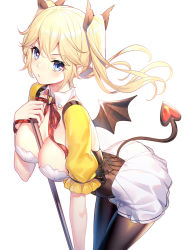 Rule 34 | 1girl, arched back, between breasts, black pantyhose, black wings, blonde hair, blue eyes, blush, bow, breasts, brown ribbon, cleavage, closed mouth, collar, collarbone, commentary request, demon girl, demon tail, demon wings, detached collar, fingernails, hair between eyes, hair ribbon, hand up, heart, highres, large breasts, leaning forward, long hair, looking at viewer, original, pantyhose, plaid, plaid bow, pleated skirt, puffy short sleeves, puffy sleeves, red bow, ribbon, ririko (zhuoyandesailaer), short sleeves, simple background, skirt, solo, tail, twintails, v-shaped eyebrows, white background, white collar, white skirt, wing collar, wings