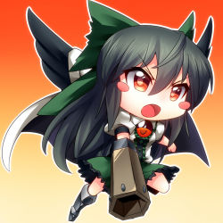 Rule 34 | &gt;:o, 1girl, :o, arm cannon, black hair, blush stickers, cape, chibi, female focus, gradient background, kimagure ringo, long hair, outline, red eyes, reiuji utsuho, solo, touhou, v-shaped eyebrows, weapon, wings