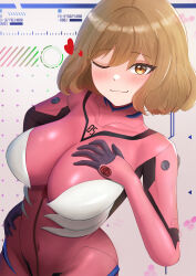 Rule 34 | 1girl, absurdres, anis (nikke), blush, bodysuit, breasts, brown hair, commentary request, cosplay, covered navel, goddess of victory: nikke, heart, highres, large breasts, looking at viewer, makinami mari illustrious, makinami mari illustrious (cosplay), neon genesis evangelion, one eye closed, pilot suit, pink bodysuit, plugsuit, rebuild of evangelion, shiny clothes, short hair, smile, solo, standing, zion rss