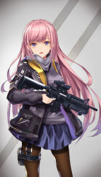 Rule 34 | 1girl, assault rifle, bad id, bad pixiv id, black gloves, black pantyhose, blue skirt, blush, breasts, collar, cup6542, garter belt, garter straps, gloves, gradient background, grey background, gun, hair between eyes, highres, holding, holding gun, holding weapon, jacket, long hair, long sleeves, looking at viewer, open clothes, open jacket, original, pantyhose, parted lips, pink hair, pleated skirt, purple hair, ribbon, rifle, single glove, skirt, solo, standing, strap, sweater, thighs, very long hair, weapon