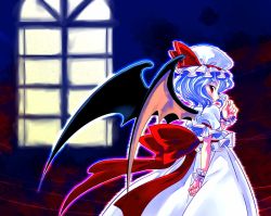 Rule 34 | 1girl, arm at side, bat wings, blue hair, blush, commentary request, cowboy shot, female focus, frilled sleeves, frills, from side, gradient background, hat, hat ribbon, highres, looking at viewer, mob cap, profile, puffy short sleeves, puffy sleeves, red eyes, red ribbon, remilia scarlet, ribbon, sakino shingetsu, short sleeves, skirt, skirt set, smile, solo, standing, touhou, window, wings, wrist cuffs