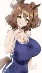 Rule 34 | 1girl, absurdres, animal ears, argyle, arm at side, aston machan (umamusume), bare shoulders, blue one-piece swimsuit, blurry, blush, breasts, brown hair, cleavage, closed mouth, clothing cutout, collarbone, competition school swimsuit, covered navel, crown, depth of field, earrings, green eyes, hair between eyes, hair ornament, hair scrunchie, hand up, head tilt, heart, heart earrings, heart print, highres, horse ears, horse girl, horse tail, hotate-chan, huge breasts, jewelry, light smile, looking at viewer, medium hair, mini crown, one-piece swimsuit, one side up, red scrunchie, school swimsuit, scrunchie, sideboob, simple background, single vertical stripe, smile, solo, standing, swimsuit, tail, tail through clothes, taut clothes, tilted headwear, umamusume, upper body, v, wavy hair, wet, wet clothes, wet hair, wet swimsuit