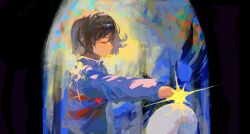 Rule 34 | 1other, abstract background, absurdres, androgynous, blue sweater, brown hair, child, closed eyes, commentary, english commentary, frisk (undertale), from side, heart, highres, long sleeves, other focus, outstretched arm, painterly, short hair, smile, solo, sweater, undertale, upper body, wenjiu95177