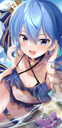 Rule 34 | 1girl, :d, bead bracelet, beads, bikini, blue bikini, blue eyes, blue hair, blush, bracelet, choker, collarbone, crab, crown, earrings, flat chest, glint, gold bracelet, gold earrings, hand up, highres, hololive, hoshimachi suisei, jewelry, mini crown, mismatched earrings, mizuno kurage, navel, o-ring, o-ring thigh strap, open mouth, smile, solo, star (symbol), star choker, star earrings, star in eye, swimsuit, symbol in eye, thigh strap, virtual youtuber, water, wet
