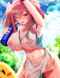 Rule 34 | 1girl, arm up, armpits, azur lane, blue sky, bottle, breasts, bremerton (azur lane), bremerton (scorching-hot training) (azur lane), brown hair, cleavage, cloud, day, hair ornament, holding, holding bottle, jewelry, large breasts, looking at another, manjuu (azur lane), midriff, mole, mole under eye, multicolored hair, navel, necklace, nipples, one eye closed, open mouth, outdoors, red eyes, red hair, see-through, shirt, short hair, skirt, sky, sportswear, standing, streaked hair, sweat, tennis uniform, twintails, two-tone shirt, two-tone skirt, underboob, wet, wet clothes, white shirt, white skirt, yunagi amane