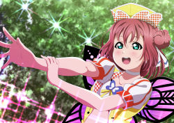 Rule 34 | 1girl, absurdres, animal print, aqua eyes, artist name, artist request, belt, blush, bra, bug, butterfly, butterfly print, female focus, hair bun, hair ribbon, hat, highres, insect, isami don, kurosawa ruby, looking at viewer, love live!, love live! sunshine!!, outstretched arms, pants, puffy short sleeves, puffy sleeves, reaching, reaching towards viewer, red hair, ribbon, shirt, short hair, short sleeves, shorts, single hair bun, smile, solo, underwear, white bra, white ribbon, wings, yellow hat, yellow shirt