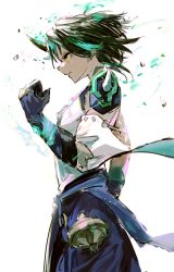 Rule 34 | 1boy, absurdres, armor, black hair, blue gloves, blue pants, closed mouth, commentary request, cowboy shot, debris, elbow gloves, from side, frown, genshin impact, gloves, green hair, highres, horns, male focus, multicolored hair, otoma (matoi0603), pants, profile, shirt, short hair, short sleeves, shoulder armor, simple background, single horn, solo, streaked hair, white background, white shirt, xiao (genshin impact), yellow eyes