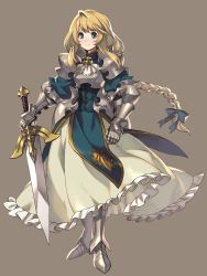 Rule 34 | 1girl, armor, blonde hair, bow, braid, breastplate, couter, dress, fantasy, frills, full body, gauntlets, greaves, green eyes, hair bow, highres, kotatsu (g-rough), long hair, looking at viewer, original, revision, single braid, smile, solo, standing, very long hair
