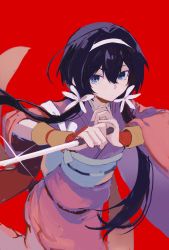 Rule 34 | 1girl, black hair, blue eyes, bungou stray dogs, closed mouth, flower, glint, hair flower, hair ornament, hairband, highres, holding, holding knife, izumi kyouka (bungou stray dogs), japanese clothes, kimono, knife, long hair, long sleeves, looking at viewer, low twintails, obi, red background, red kimono, runba (r disnba), sash, solo, twintails, very long hair, white flower, white hairband, white sash, wide sleeves