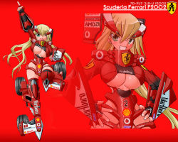 Rule 34 | 1girl, blonde hair, breasts, ferrari, formula one, green eyes, grin, hair ornament, hands on own hips, large breasts, long hair, mecha musume, one eye closed, pointing, pointing up, product placement, running, narrow waist, smile, underboob, wheel, wink, yonezuka ryou