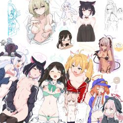 Rule 34 | 1boy, 6+girls, absurdres, ahoge, airi (blue archive), animal ears, artist request, black hair, blonde hair, blue archive, blush, breasts, brown eyes, brown hair, cat ears, clearite, closed eyes, collaboration, collarbone, colored inner hair, doodle sensei (blue archive), extra ears, female masturbation, food-themed hair ornament, hair ornament, halo, highres, ice cream hair ornament, iori (blue archive), iori (swimsuit) (blue archive), jacket, kazusa (blue archive), kirino (blue archive), koharu (blue archive), long hair, long sleeves, lying, masturbation, medium breasts, multicolored hair, multiple girls, nagisa (blue archive), natsu (blue archive), navel, negu (pixiv 6519140), nipples, on back, open mouth, pink eyes, pink hair, red jacket, rei (blue archive), reisa (blue archive), sensei (blue archive), short hair, side ponytail, small breasts, sunglasses, track jacket, twintails, two-tone hair, unadon (unadoom), yoshimi (blue archive)