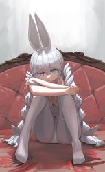 Rule 34 | + +, 1girl, :t, animal ears, arm support, azur lane, blue eyes, braid, commentary, couch, daiushi, fake animal ears, feet, full body, hairband, highres, jitome, knees up, le malin (azur lane), le malin (listless lapin) (azur lane), leotard, long hair, looking at viewer, low twin braids, on couch, pantyhose, playboy bunny, pout, rabbit ears, sidelocks, sitting, solo, thigh strap, toes, twin braids, very long hair, white hair, white hairband, white leotard, white pantyhose