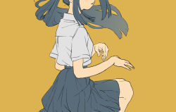 Rule 34 | 1girl, bare arms, bare legs, black hair, black skirt, blush, collared shirt, commentary request, feet out of frame, from side, hands up, head out of frame, highres, long hair, orange background, original, pleated skirt, ponytail, school uniform, shiki haru, shirt, shirt tucked in, short sleeves, simple background, sitting, skirt, solo, white shirt