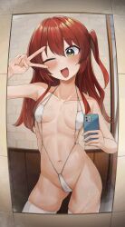 Rule 34 | 1girl, ;d, absurdres, blush, bocchi the rock!, breasts, cellphone, collarbone, green eyes, hair between eyes, highres, holding, holding phone, kita ikuyo, long hair, looking at mirror, mirror, navel, one eye closed, one side up, open mouth, phone, r-man, red hair, slingshot swimsuit, small breasts, smartphone, smile, standing, sweat, swimsuit, thighhighs, tile wall, tiles, v, white slingshot swimsuit, white thighhighs